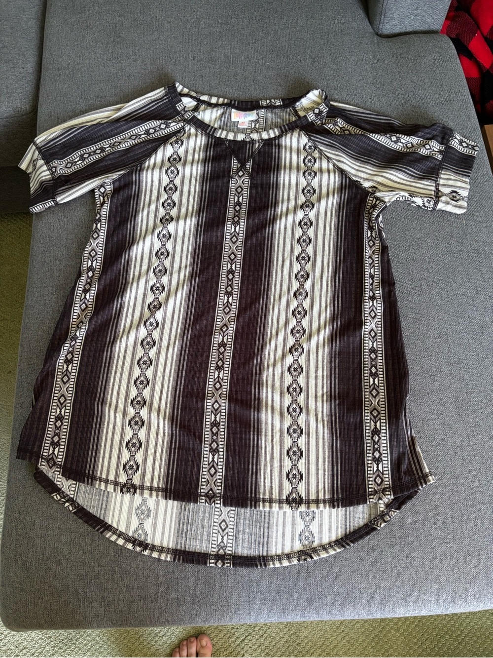LuLaRoe Black & White Striped Aztec-Pattern Short Sleeve Tunic